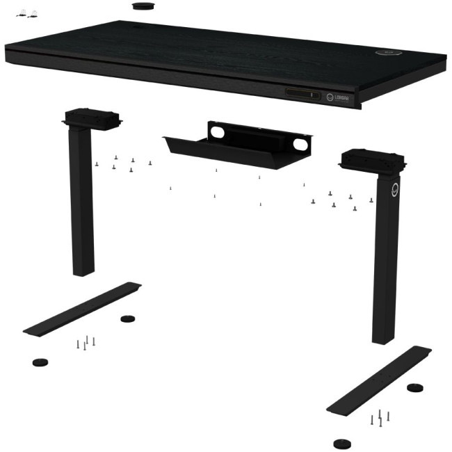 Dual-motor sit/stand adjustable-height gaming desk with wireless charger, RGB lighting, control panel, and USB ports, PB melamine surface tabletop, black.