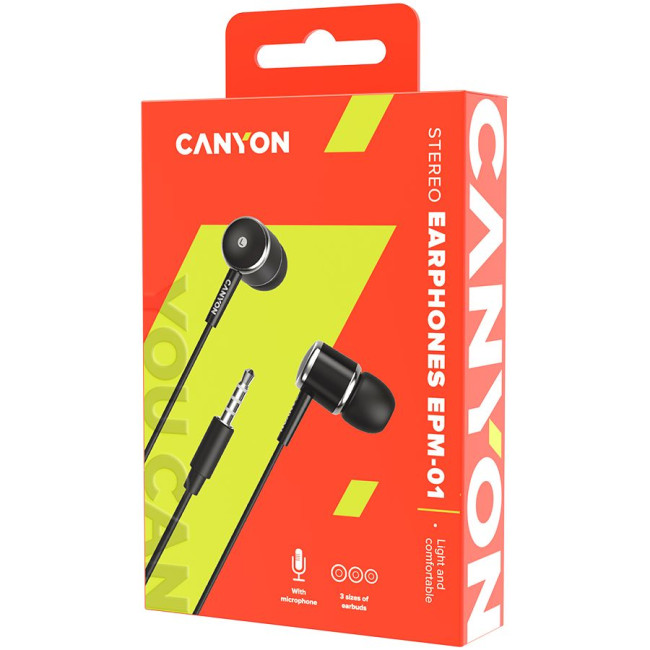 Головні дротові навушники-вкладиші з вбудованим мікрофоном CANYON EPM- 01 Stereo earphones with microphone  Black  cable length 1.2m  23*9*10.5mm 0.013kg