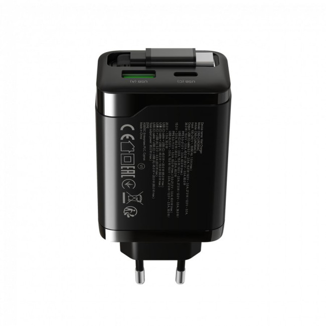 CANYON charger OnCharge 65RC Build-In Cable USB-C 65W 1xPD 1xQC EU Black