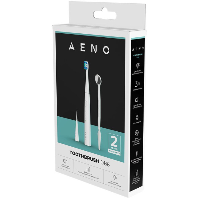 AENO Sonic Electric toothbrush, DB8: White, 3modes, 3 brush heads + 1 cleaning tool, 1 mirror,  30000rpm, 100 days without charging, IPX7