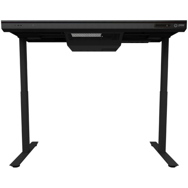 Dual-motor sit/stand adjustable-height gaming desk with built-in PC case, wireless charger, RGB lighting, control panel, and USB ports, tempered glass tabletop, black.