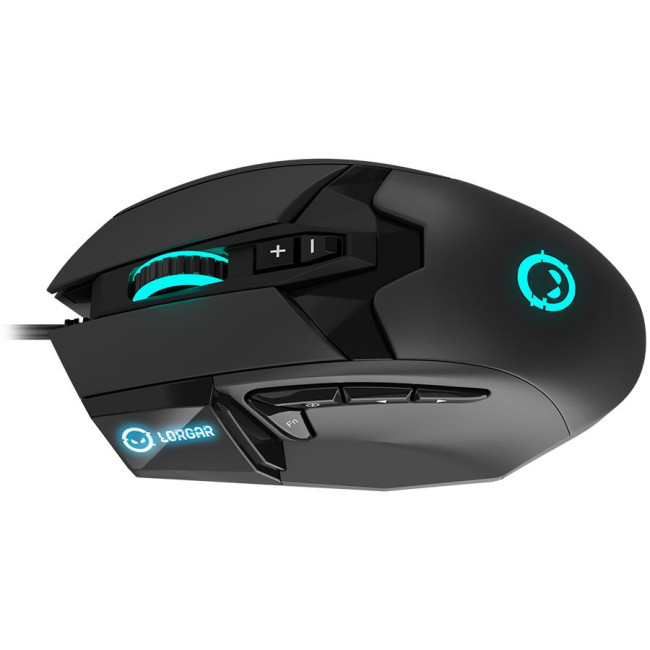 LORGAR Stricter 579, gaming mouse, 9 programmable buttons, Pixart PMW3336 sensor, DPI up to 12 000, 50 million clicks buttons lifespan, 2 switches, built-in display, 1.8m USB soft silicone cable, Matt UV coating with glossy parts and RGB lights with 4 LED