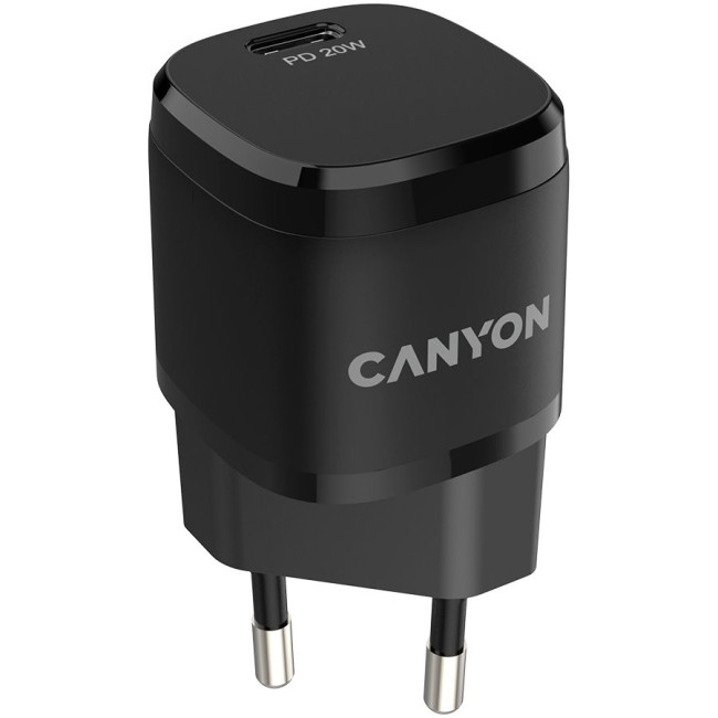 CANYON H-20-05, PD 20W Input: 100V-240V, Output: 1 port charge: USB-C:PD 20W (5V3A/9V2.22A/12V1.66A) , Eu plug, Over- Voltage ,  over-heated, over-current and short circuit protection Compliant with CE RoHs,ERP. Size: 68.5*29.2*29.4mm, 32.5g, Black
