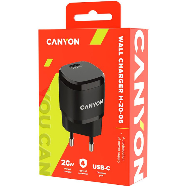 CANYON H-20-05, PD 20W Input: 100V-240V, Output: 1 port charge: USB-C:PD 20W (5V3A/9V2.22A/12V1.66A) , Eu plug, Over- Voltage ,  over-heated, over-current and short circuit protection Compliant with CE RoHs,ERP. Size: 68.5*29.2*29.4mm, 32.5g, Black