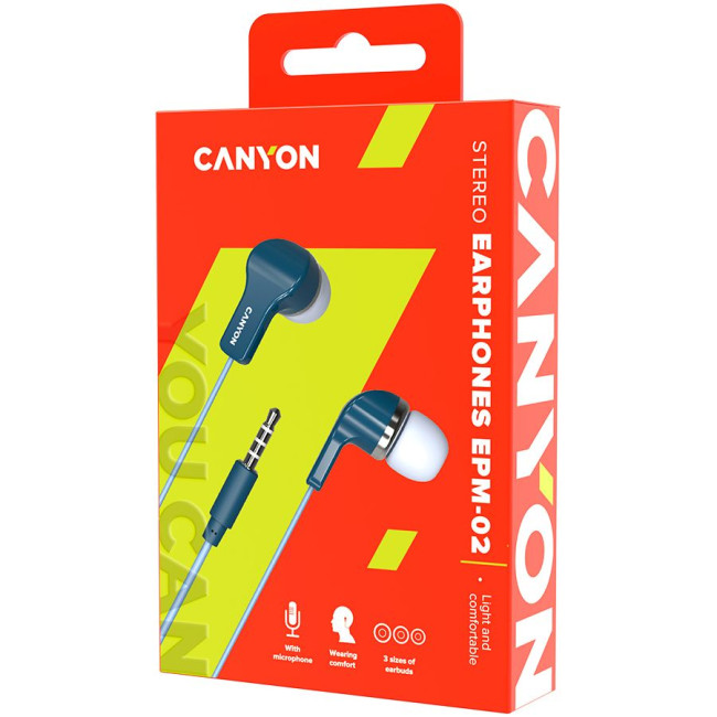 Головні дротові навушники-вкладиші з вбудованим мікрофоном CANYON EPM-02 Stereo Earphones with inline microphone  Blue  cable length 1.2m  20*15*10mm  0.013kg