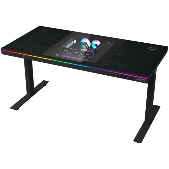 Dual-motor sit/stand adjustable-height gaming desk with built-in PC case, wireless charger, RGB lighting, control panel, and USB ports, PB melamine surface tabletop, black.