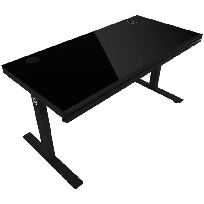 Dual-motor sit/stand adjustable-height gaming desk with wireless charger, RGB lighting, control panel, and USB ports, solid tempered glass tabletop, black.