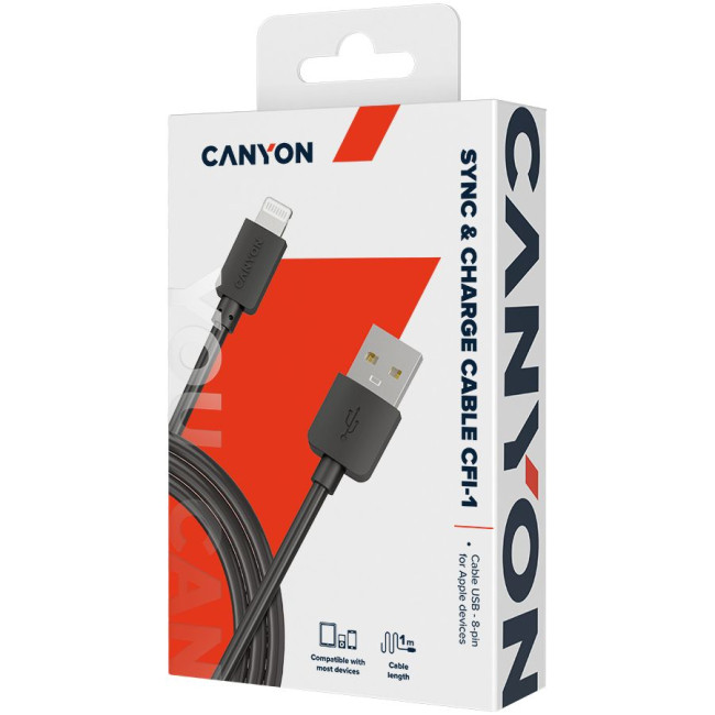 Кабель CANYON CFI-1 Lightning USB Cable for Apple  round  cable length 1m  Black  15.9*7*1000mm  0.018kg