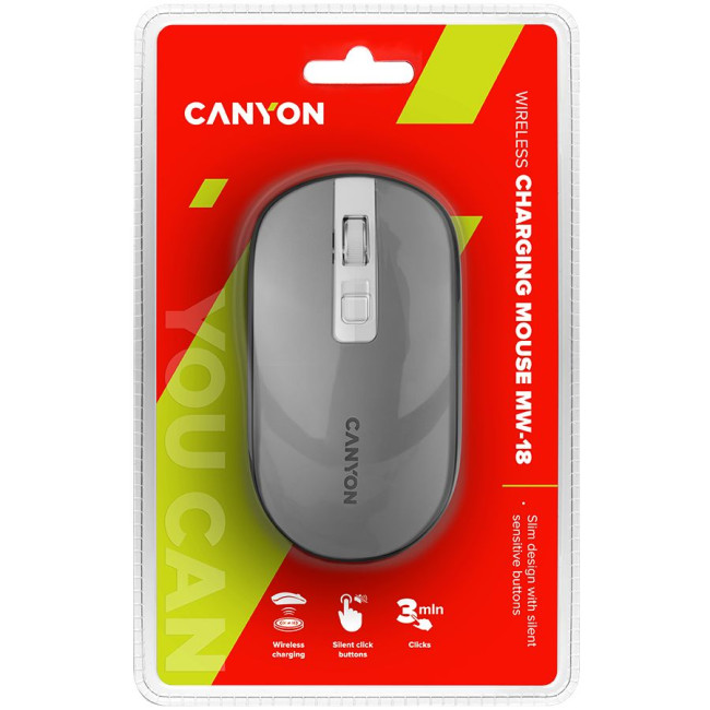CANYON MW-18, 2.4GHz Wireless Rechargeable Mouse with Pixart sensor, 4keys, Silent switch for right/left keys,DPI: 800/1200/1600, Max. usage 50 hours for one time full charged, 300mAh Li-poly battery, Dark grey, cable length 0.6m, 116.4*63.3*32.3mm, 0.075