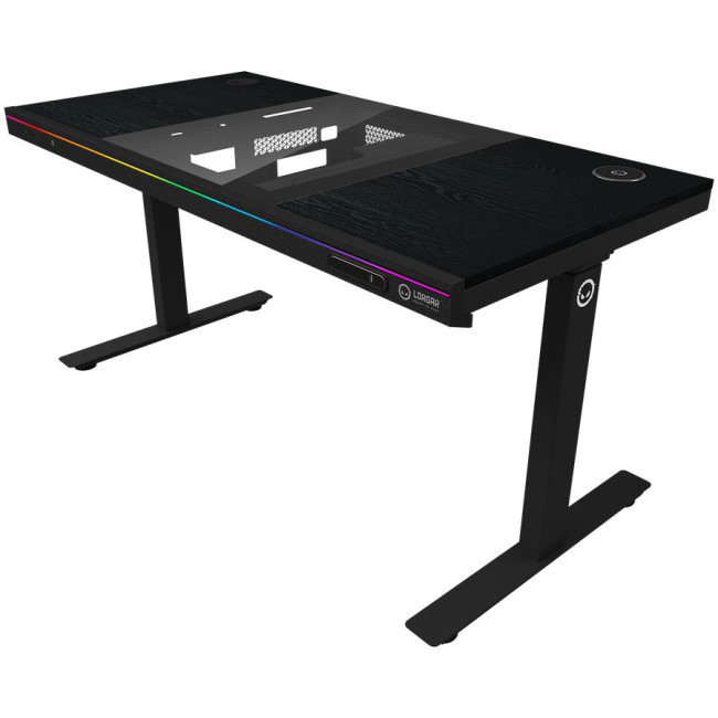 Dual-motor sit/stand adjustable-height gaming desk with built-in PC case, wireless charger, RGB lighting, control panel, and USB ports, PB melamine surface tabletop, black.