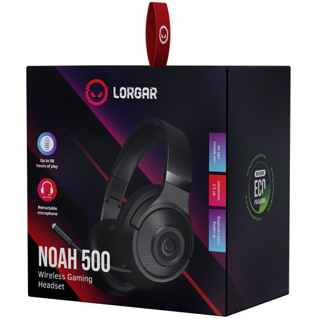 LORGAR Noah 500, Wireless Gaming headset with microphone, JL7006, BT 5.3, battery life up to 58 h (1000mAh), USB (C) charging cable (0.8m), 3.5 mm AUX cable (1.5m), size: 195*185*80mm, 0.24kg, black