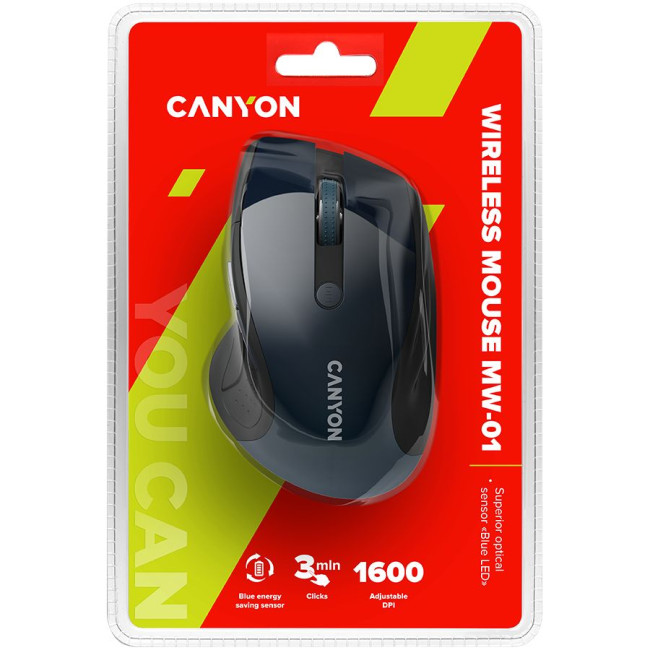 Маніпулятор миша бездротова CANYON MW-01 2.4GHz wireless mouse with 6 buttons  optical tracking - blue LED  DPI 1000/1200/1600  Blue Gray pearl glossy  113x71x39.5mm  0.07kg
