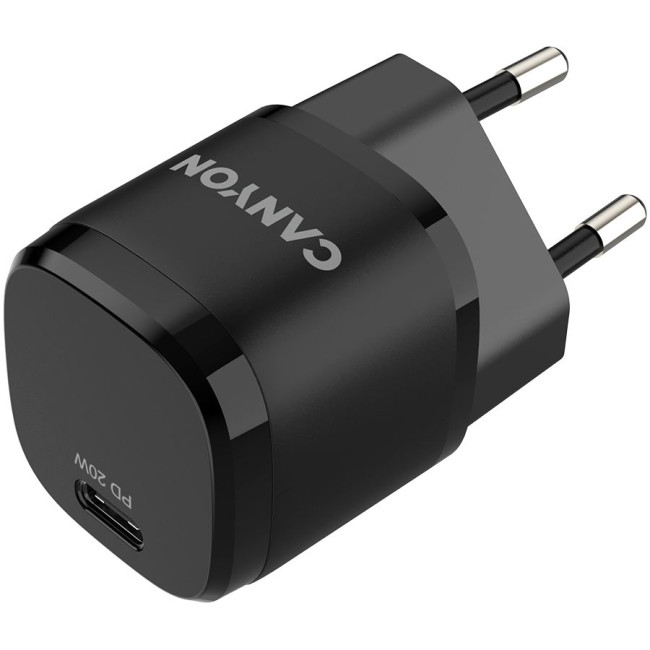 CANYON H-20-05, PD 20W Input: 100V-240V, Output: 1 port charge: USB-C:PD 20W (5V3A/9V2.22A/12V1.66A) , Eu plug, Over- Voltage ,  over-heated, over-current and short circuit protection Compliant with CE RoHs,ERP. Size: 68.5*29.2*29.4mm, 32.5g, Black