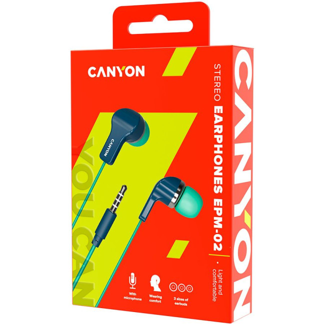 Головні дротові навушники-вкладиші з вбудованим мікрофоном CANYON EPM-02 Stereo Earphones with inline microphone  Green+Blue  cable length 1.2m  20*15*10mm  0.013kg