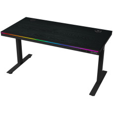 Dual-motor sit/stand adjustable-height gaming desk with wireless charger, RGB lighting, control panel, and USB ports, PB melamine surface tabletop, black.