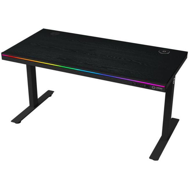 Dual-motor sit/stand adjustable-height gaming desk with wireless charger, RGB lighting, control panel, and USB ports, PB melamine surface tabletop, black.