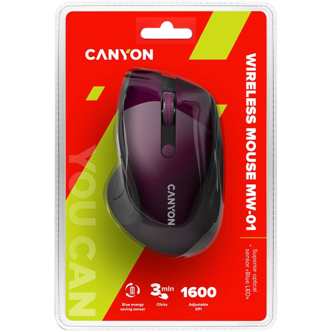 Маніпулятор миша бездротова CANYON MW-01 2.4GHz wireless mouse with 6 buttons  optical tracking - blue LED  DPI 1000/1200/1600  Purple pearl glossy  113x71x39.5mm  0.07kg
