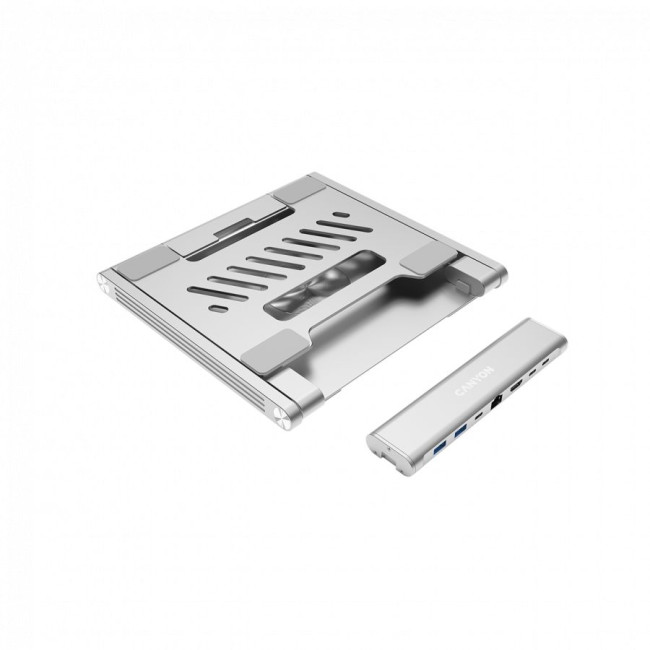 Canyon Laptop stands with hub, TYPE C F to HDMI2.0+2USB3.0+USBC3.0+RJ45+PD, TYEP C TO C cable 1m white with Emarker: HUSB332A, Material: Aluminum case+ABS+PS, Size: 245x240x27.2+/-0.3mm, Weight:1304g