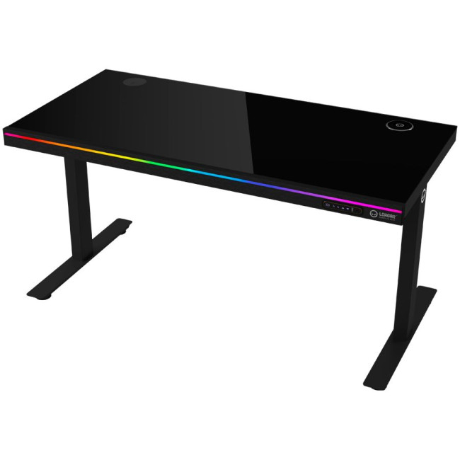 Dual-motor sit/stand adjustable-height gaming desk with wireless charger, RGB lighting, control panel, and USB ports, solid tempered glass tabletop, black.