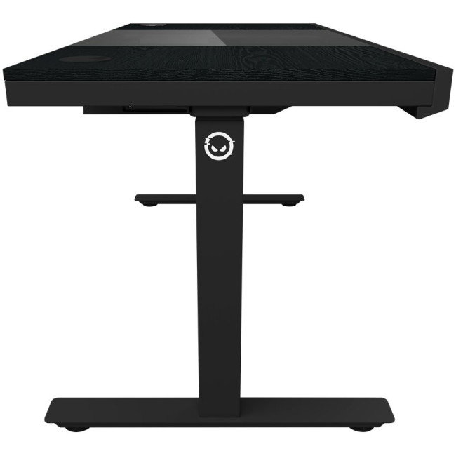 Dual-motor sit/stand adjustable-height gaming desk with built-in PC case, wireless charger, RGB lighting, control panel, and USB ports, PB melamine surface tabletop, black.