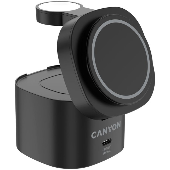 Canyon 4 in 1 Wireless Charging Stand, 30W max, Size: 70x70x70.3mm, weight: 414g, with 65W charger and 1M cable, black