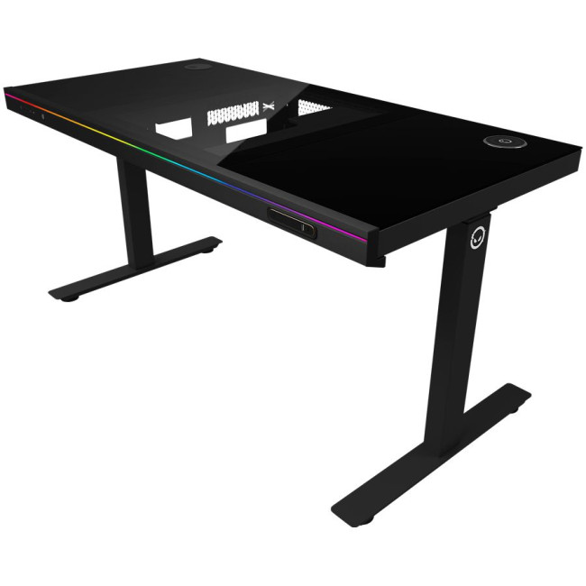 Dual-motor sit/stand adjustable-height gaming desk with built-in PC case, wireless charger, RGB lighting, control panel, and USB ports, tempered glass tabletop, black.