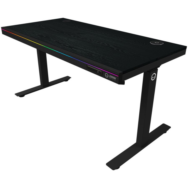 Dual-motor sit/stand adjustable-height gaming desk with wireless charger, RGB lighting, control panel, and USB ports, PB melamine surface tabletop, black.
