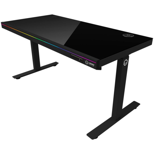 Dual-motor sit/stand adjustable-height gaming desk with wireless charger, RGB lighting, control panel, and USB ports, solid tempered glass tabletop, black.