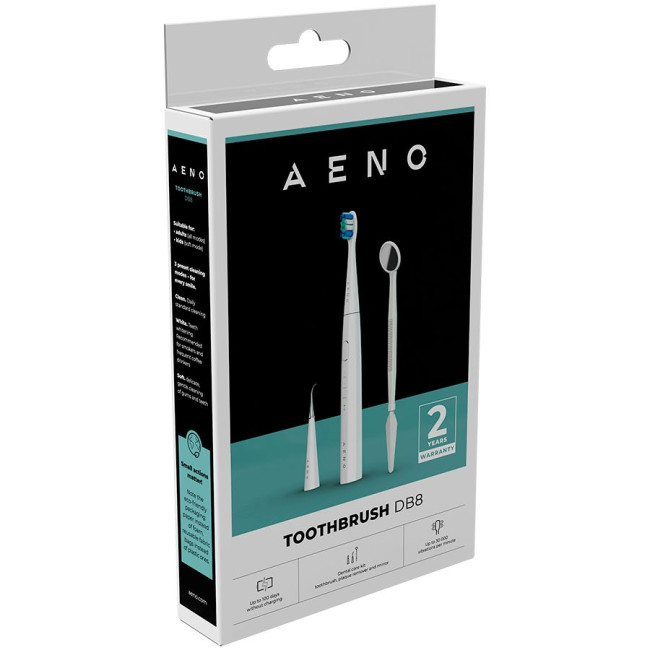 AENO Sonic Electric toothbrush, DB8: White, 3modes, 3 brush heads + 1 cleaning tool, 1 mirror,  30000rpm, 100 days without charging, IPX7