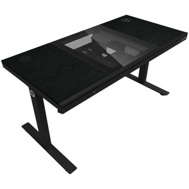 Dual-motor sit/stand adjustable-height gaming desk with built-in PC case, wireless charger, RGB lighting, control panel, and USB ports, PB melamine surface tabletop, black.