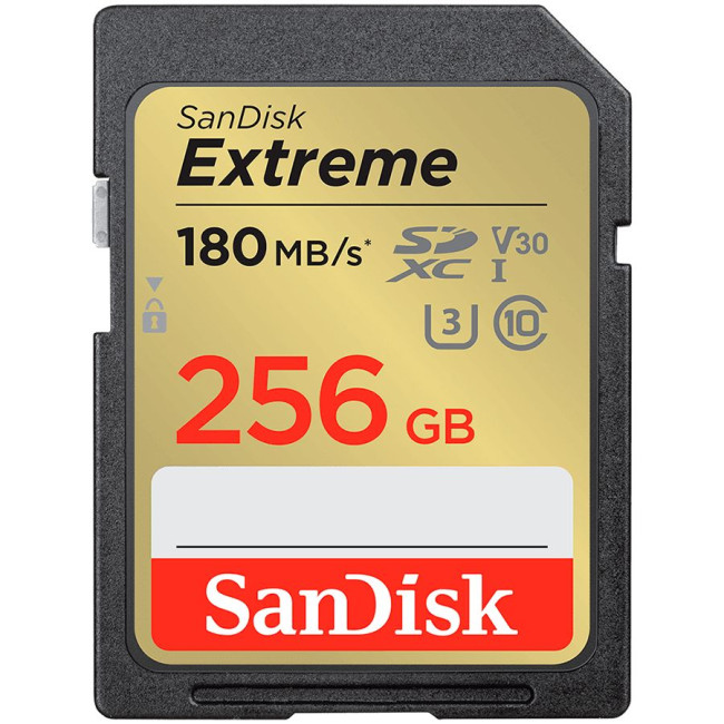 SANDISK Extreme 256GB SDXC Memory Card + 1 year RescuePRO Deluxe up to 180MB/s & 130MB/s Read/Write speeds, UHS-I, Class 10, U3, V30