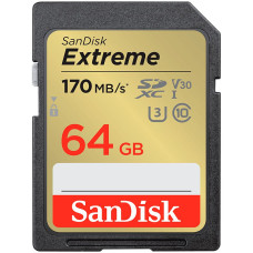 SANDISK Extreme 64GB SDXC Memory Card + 1 year RescuePRO Deluxe up to 170MB/s & 80MB/s Read/Write speeds, UHS-I, Class 10, U3, V30