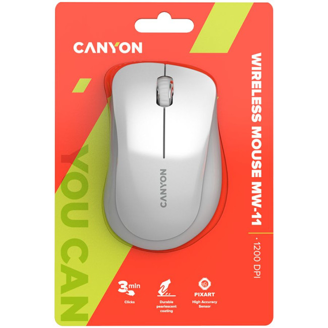 CANYON MW-11, 2.4 GHz  Wireless mouse ,with 3 buttons, DPI 1200, Battery:AAA*2pcs  ,pearl white grey67*109*38mm 0.063kg