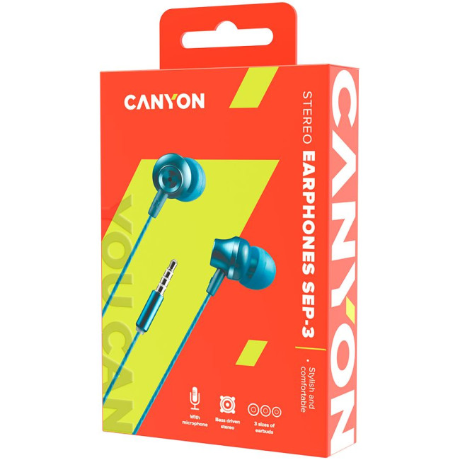 Головні дротові навушники-вкладиші з вбудованим мікрофоном CANYON Stereo earphones with microphone  metallic shell  cable length 1.2m  Blue-green  22*12.6mm  0.012kg