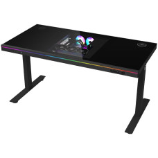 Dual-motor sit/stand adjustable-height gaming desk with built-in PC case, wireless charger, RGB lighting, control panel, and USB ports, tempered glass tabletop, black.