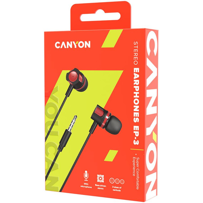 Головні дротові навушники-вкладиші з вбудованим мікрофоном CANYON EP-3 Stereo earphones with microphone  Red  cable length 1.2m  21.5*12mm  0.011kg