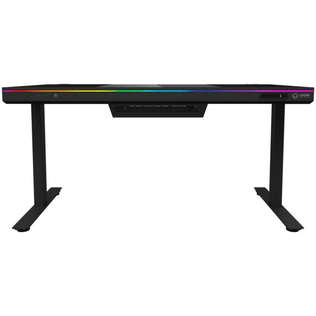 Dual-motor sit/stand adjustable-height gaming desk with built-in PC case, wireless charger, RGB lighting, control panel, and USB ports, tempered glass tabletop, black.