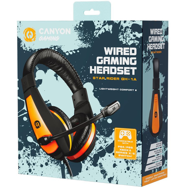 CANYON Star Raider GH-1A, Gaming headset 3.5mm jack with adjustable microphone and volume control, with 2in1 3.5mm adapter, cable 2M, Black, 0.23kg