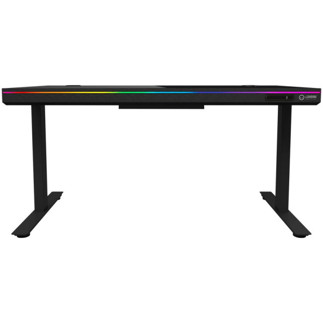 Dual-motor sit/stand adjustable-height gaming desk with wireless charger, RGB lighting, control panel, and USB ports, solid tempered glass tabletop, black.