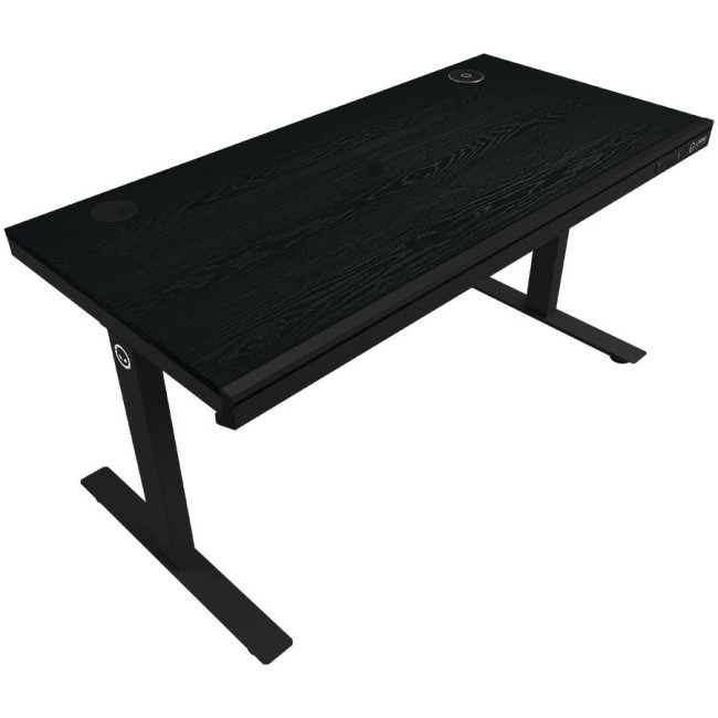 Dual-motor sit/stand adjustable-height gaming desk with wireless charger, RGB lighting, control panel, and USB ports, PB melamine surface tabletop, black.