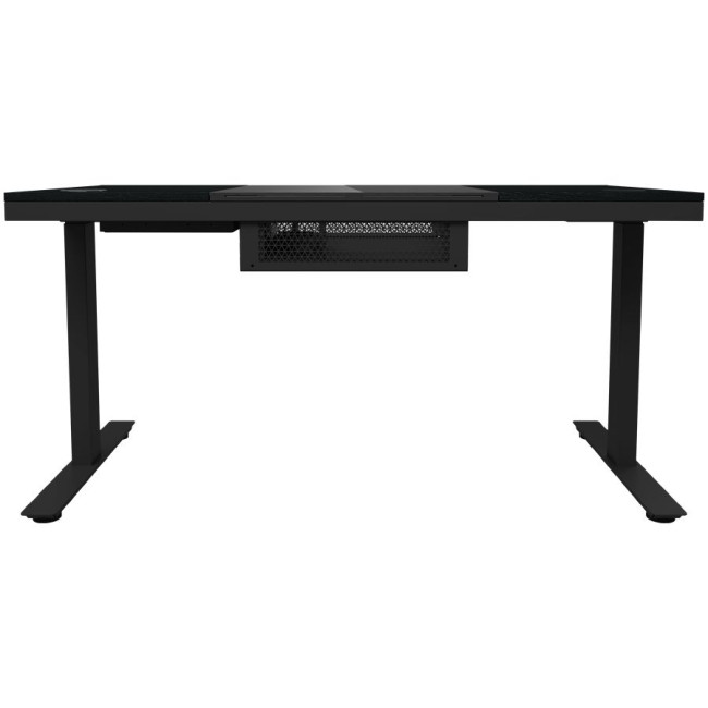 Dual-motor sit/stand adjustable-height gaming desk with built-in PC case, wireless charger, RGB lighting, control panel, and USB ports, tempered glass tabletop, black.