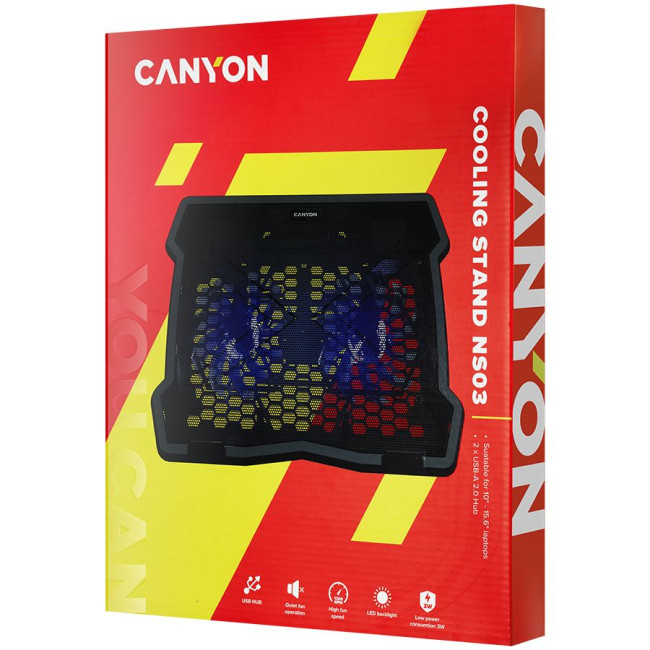 CANYON NS03, Cooling stand dual-fan with 2x2.0 USB hub, support up to 10”-15.6” laptop, ABS plastic and iron, Fans dimension:125*125*15mm(2pcs), DC 5V, fan speed: 800-1000RPM, size:340*265*30mm, 435g