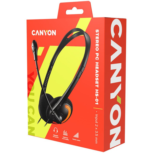 Головні дротові навушники накладні з вбудованим мікрофоном CANYON HS-01 PC headset with microphone  volume control and adjustable headband  cable length 1.8m  Black/Orange  163*128*50mm  0.069kg