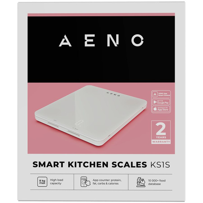 AENO Kitchen Scale KS1S Smart, Max load - 8 kg, Bluetooth, 10,000+ products & meals, 25 indicators analysis, Coffee mode, 6 unit conversion: kg, g, lb, fl, oz, ml, Material - glass