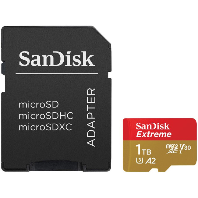 SANDISK Extreme microSDXC 1TB + SD Adapter + 1 year RescuePRO Deluxe up to 190MB/s & 130MB/s Read/Write speeds A2 C10 V30 UHS-I U3