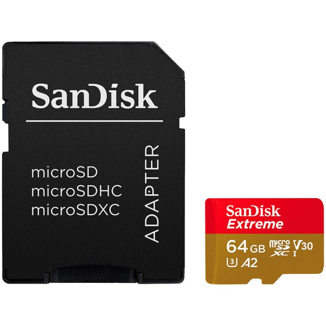 SANDISK Extreme microSDXC 64GB + SD Adapter + 1 year RescuePRO Deluxe up to 170MB/s & 80MB/s Read/Write speeds A2 C10 V30 UHS-I U3