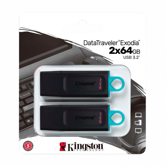 Kingston 64GB USB3.2 Gen 1 DataTraveler Exodia (Black + Teal) - 2 Pieces