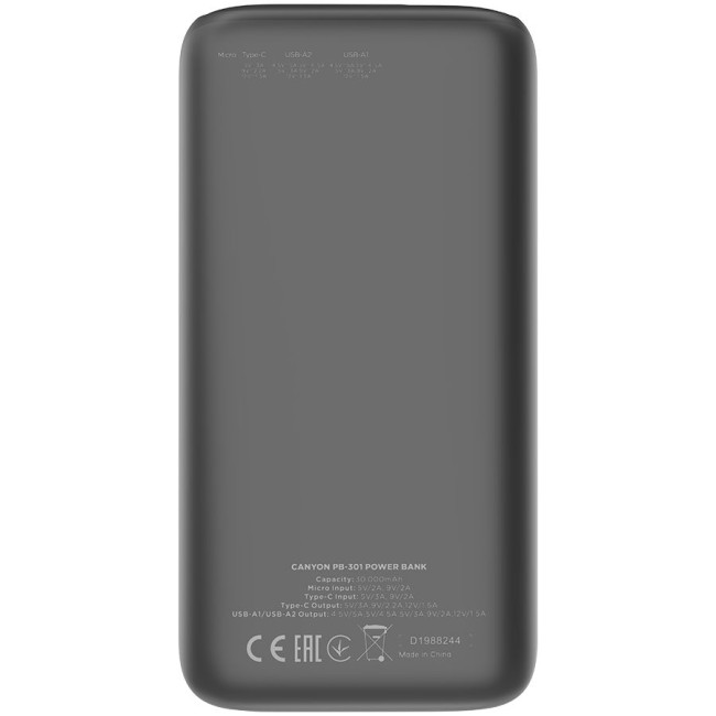 CANYON power bank PB-301 LED 30000 mAh PD 20W QC 3.0 Black