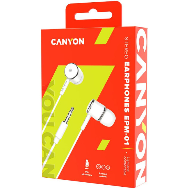 Головні дротові навушники-вкладиші з вбудованим мікрофоном CANYON EPM- 01 Stereo earphones with microphone  White  cable length 1.2m  23*9*10.5mm 0.013kg