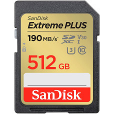 SANDISK Extreme PLUS 512GB SDXC Memory Card + 2 years RescuePRO Deluxe up to 190MB/s & 130MB/s Read/Write speeds, UHS-I, Class 10, U3, V30